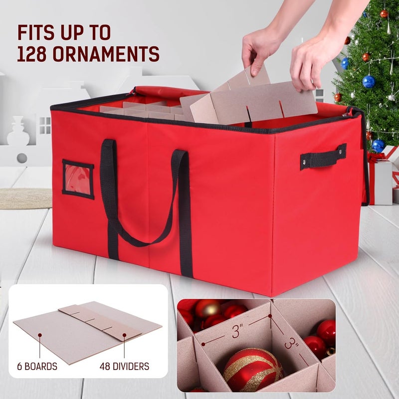 Lambada Christmas Ornament Storage Box, Durable Christmas Storage Container with Adjustable Dividers, Xmas Decorations Organizer – Fits 128 Holiday Ornaments 3 inch – Tear-Proof Fabric (Red) - Image 2